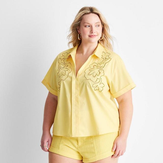 Womens Short Sleeve Eyelet Resort Button-Down Shirt - Future Collective with Jenny K. Lopez Yellow 4X Product Image