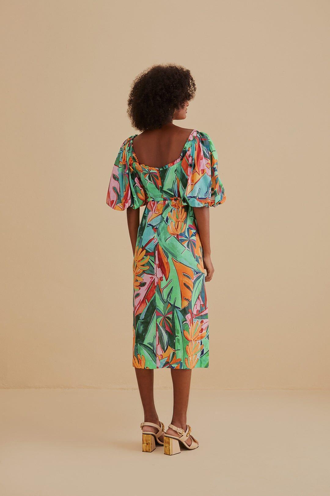 Multicolor Banana Foliage Puff Sleeve Midi Dress Product Image