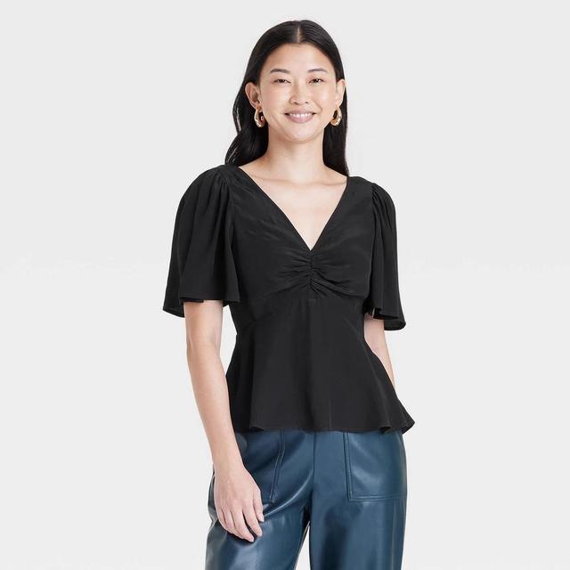 Womens Slim Fit Flutter Short Sleeve V-Neck Top - A New Day Black L Product Image