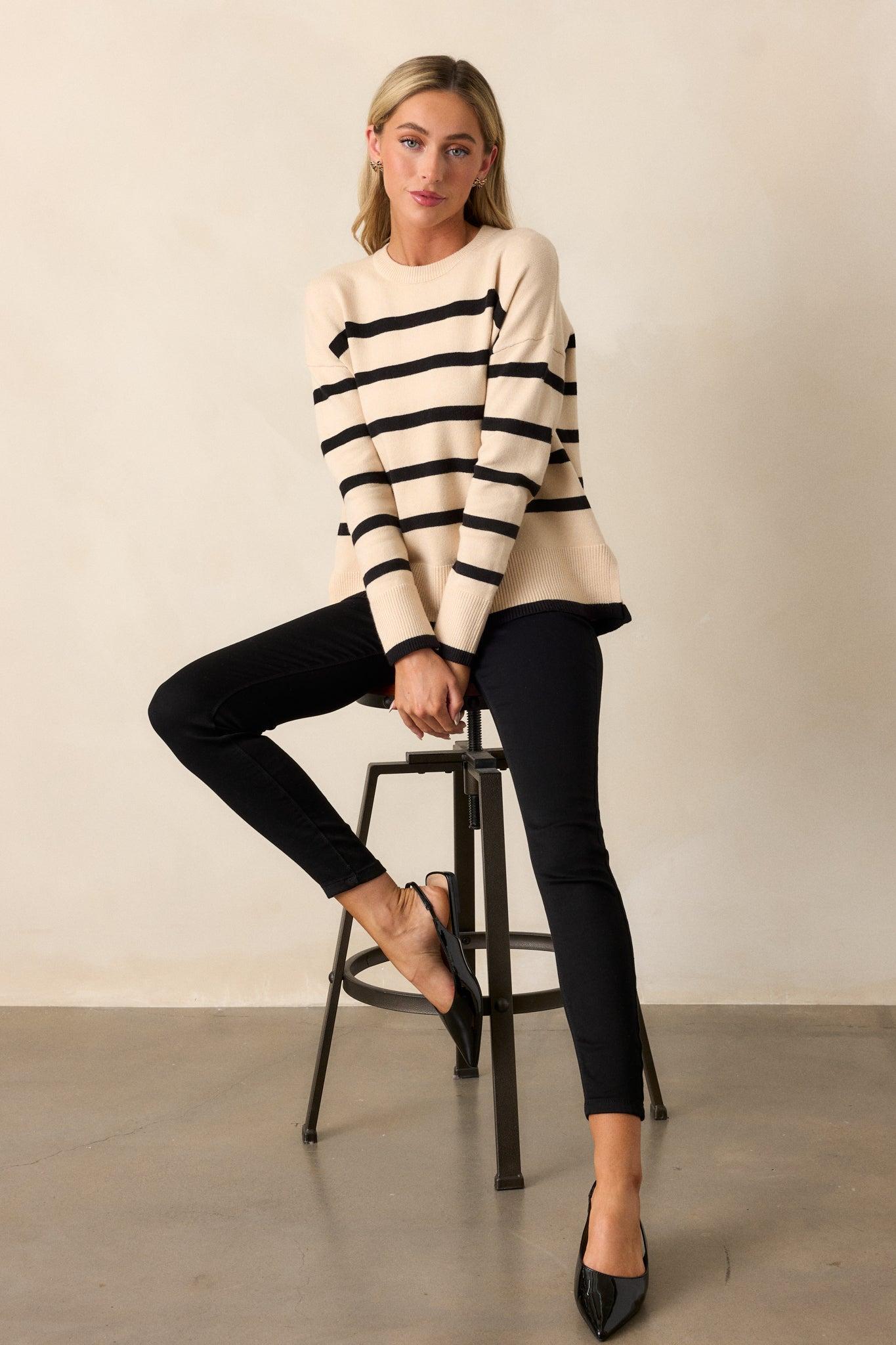 Time to Unwind Beige Stripe Knit Sweater Product Image