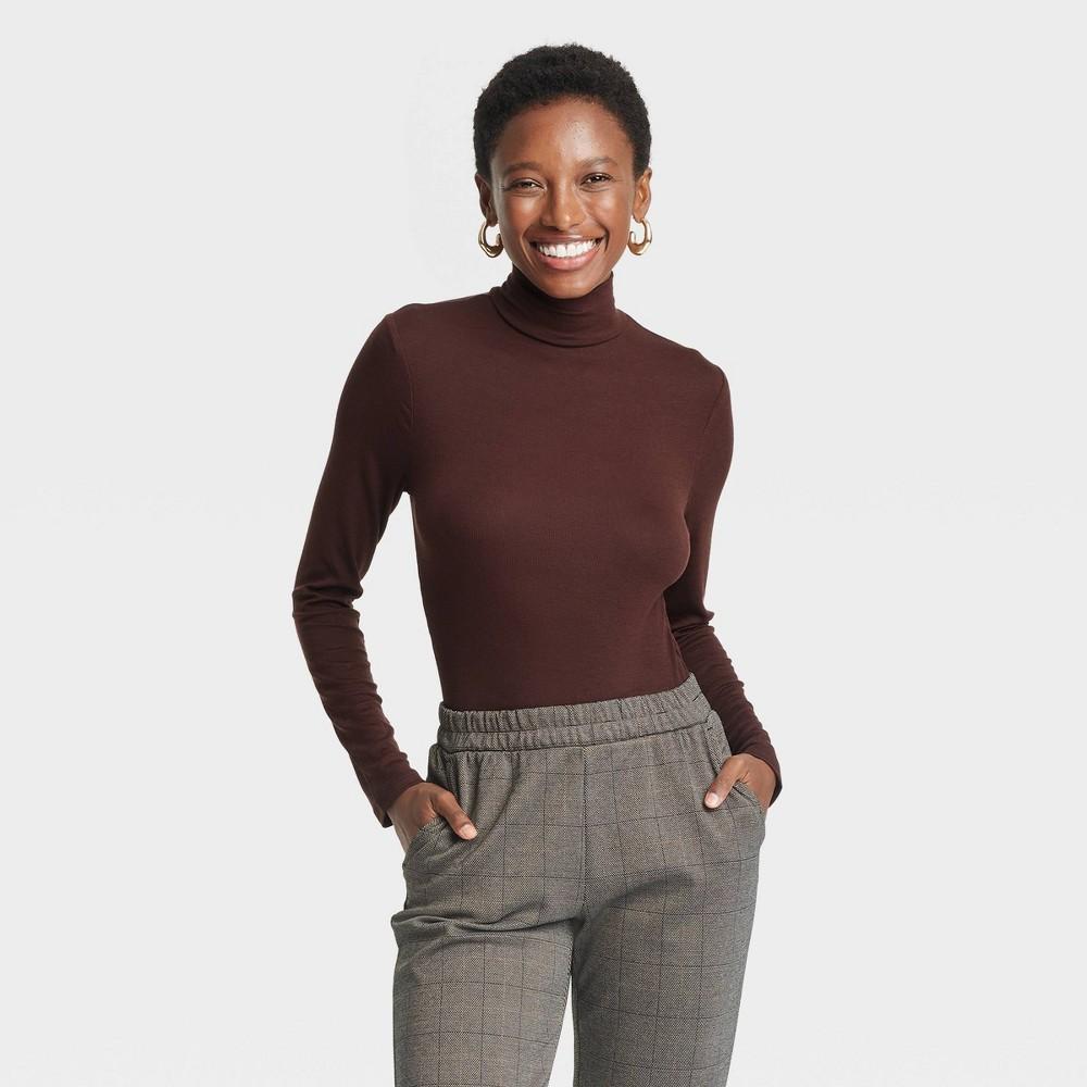 Womens Long Sleeve Mock Turtleneck Ribbed T-Shirt - A New Day Brown XS Product Image