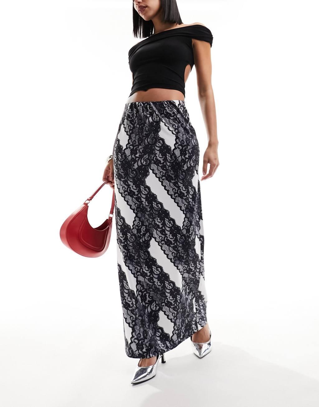 Vero Moda lace print jersey maxi skirt in mono Product Image