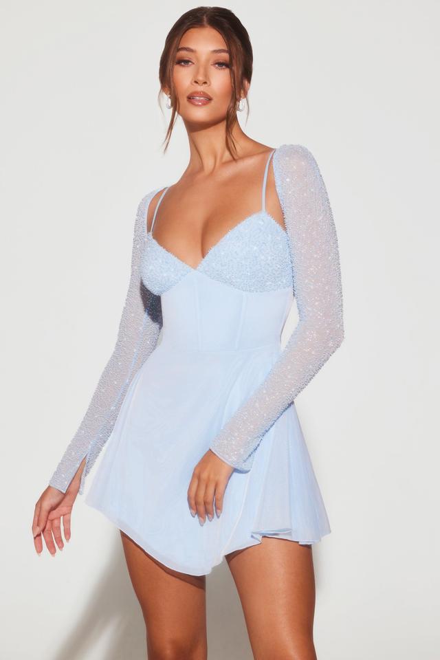 Embellished Long Sleeve Angled Hem Mini Dress in Blue Product Image