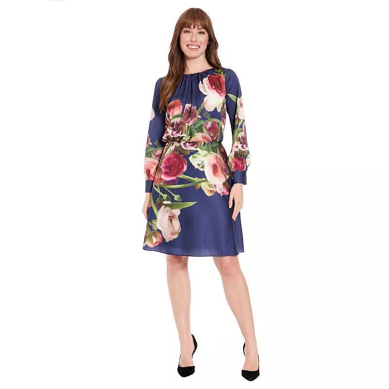 Womens London Times Cuffed Sleeve Floral Dress Blue Placed Floral Product Image