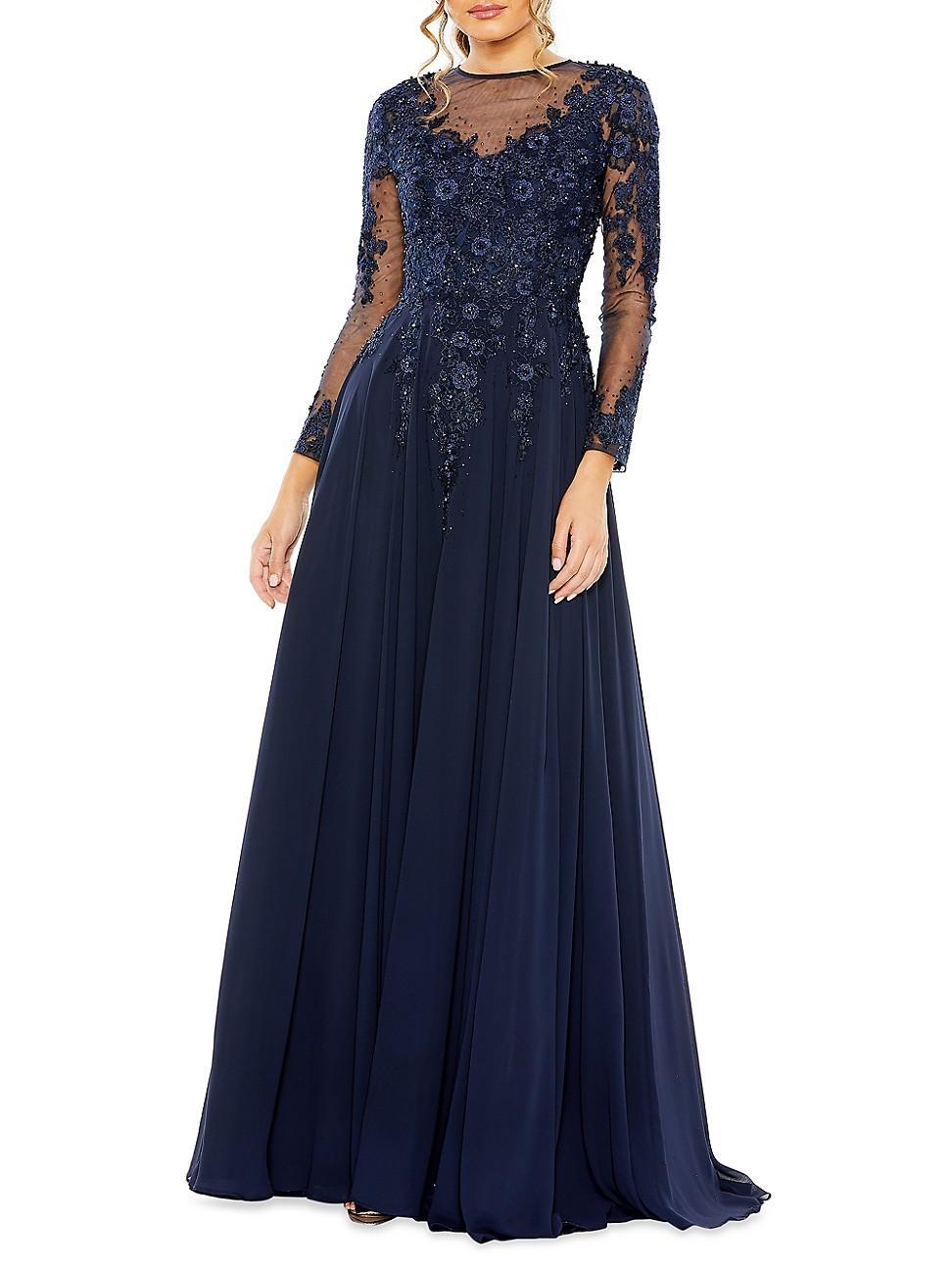 Womens Embellished Illusion Long-Sleeve A-Line Gown Product Image