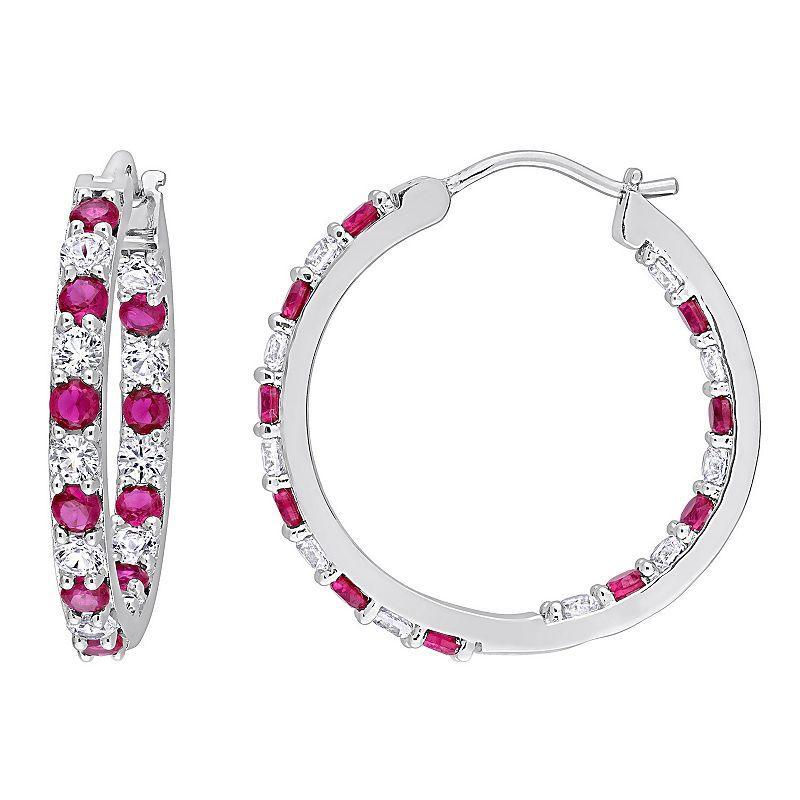 Stella Grace Sterling Silver Lab-Created Ruby & Lab-Created White Sapphire Inside-Outside Hoop Earrings, Womens Product Image