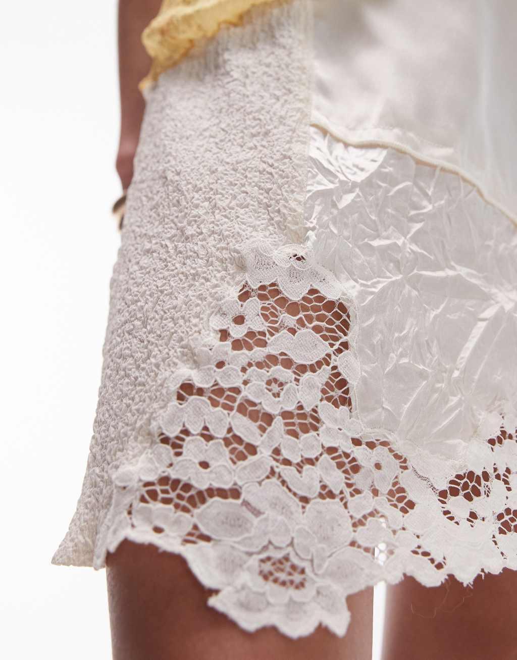 Topshop crinkle satin lace patchwork mini skirt in ivory  Product Image