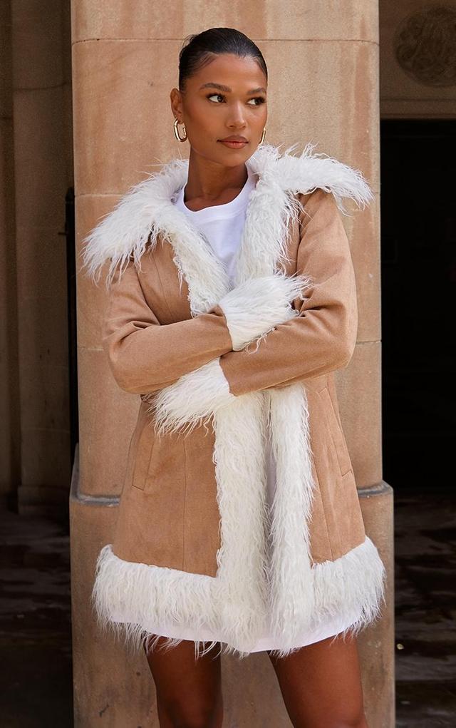 Camel Faux Fur Trim Faux Suede Coat Product Image