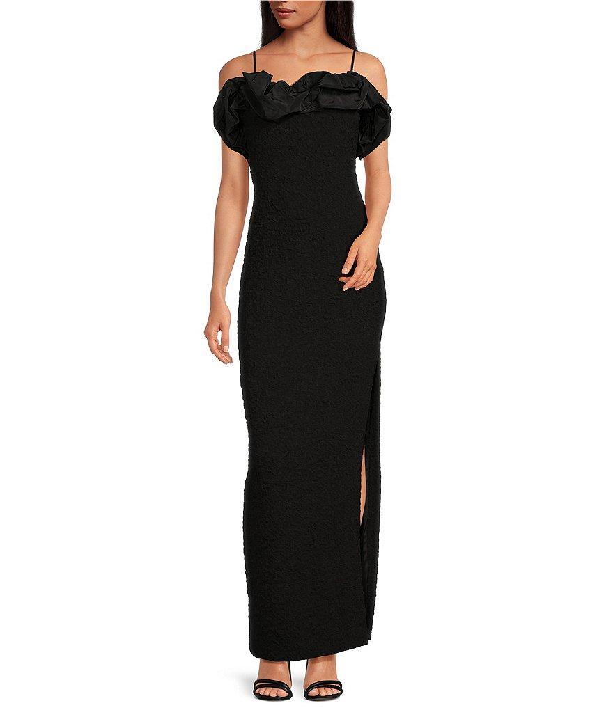 Belle by Badgley Mischka Melody Taffeta Embossed Jacquard Off-the-Shoulder Dress Product Image