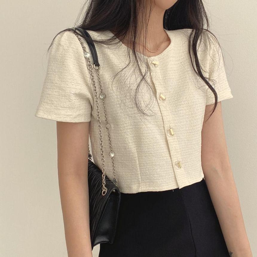 Short-Sleeve Round Neck Plain Blouse Product Image