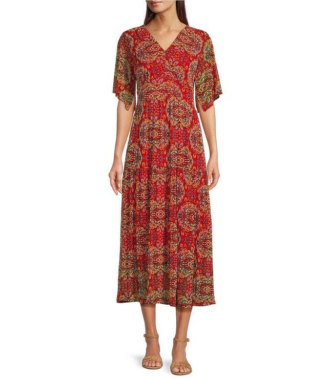 Calessa Stretch Mesh Abstract Print V-Neck Short Flutter Sleeve Tiered Hem Midi Dress Product Image