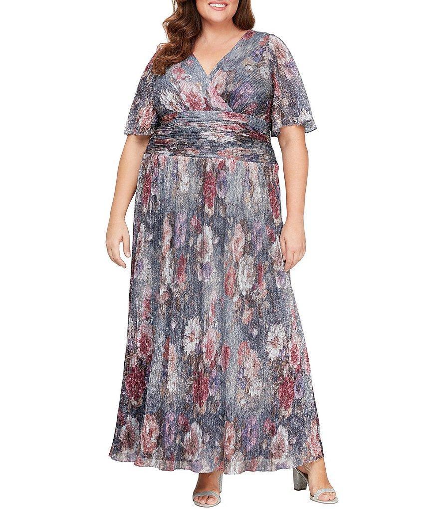 Ignite Evenings Plus Size Short Flutter Sleeve V-Neck Ruched Waist Gown Product Image