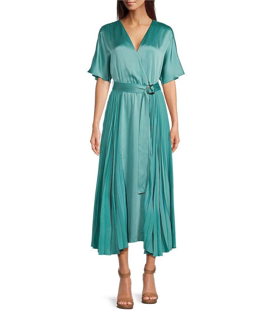 BOSS by Hugo Boss Diconica Silky Satin Surplice V-Neck Short Sleeve Belted Plisse Midi Dress Product Image