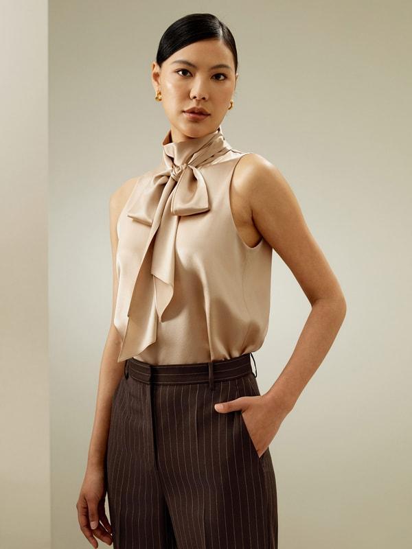 Sleeveless Tie-Neck Silk Blouse Product Image