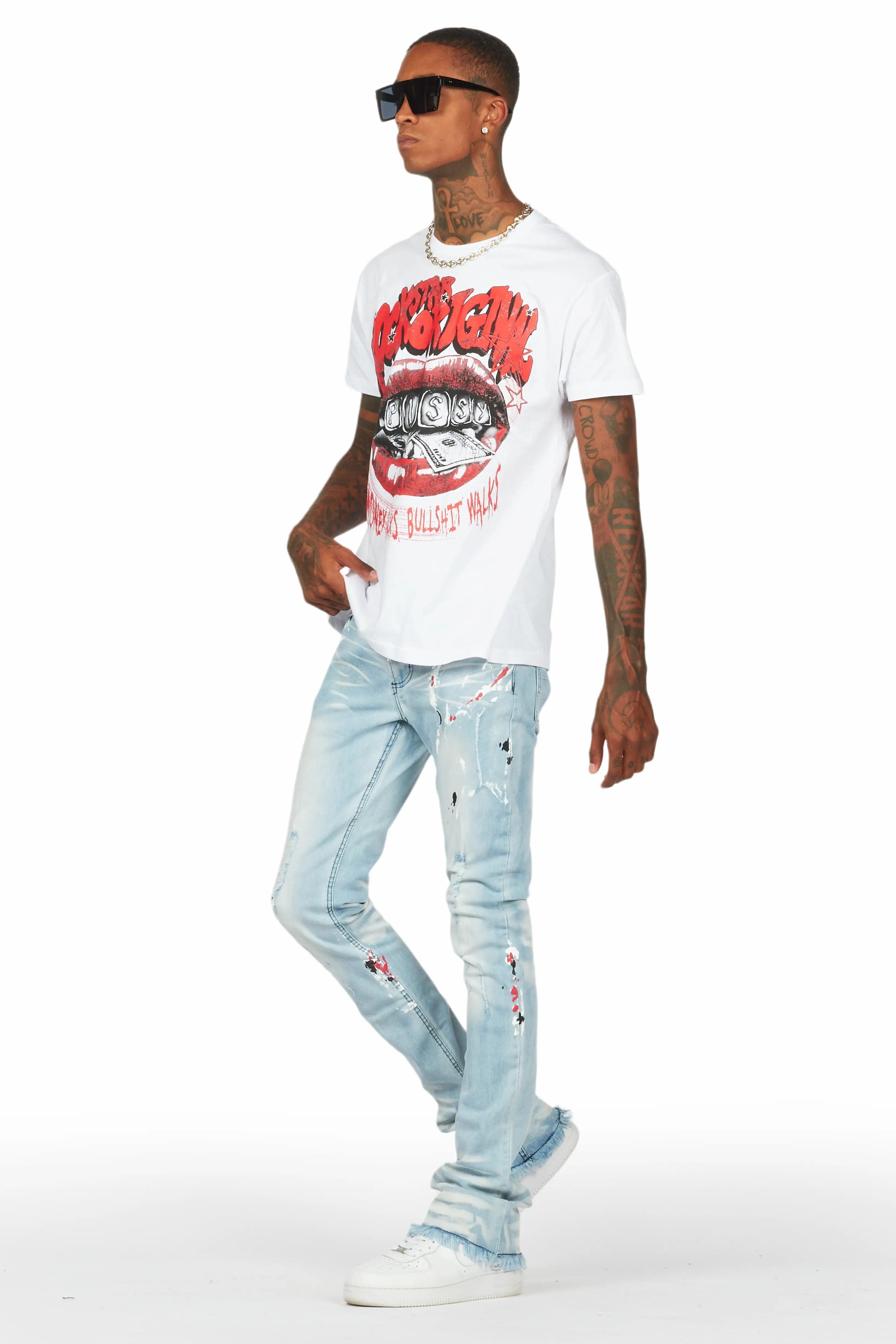 Bloke White/Blue T-Shirt/Stacked Flare Jean Set Male Product Image