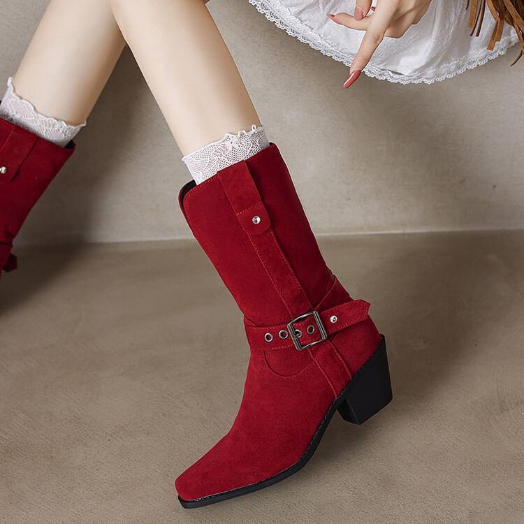 Chunky Heel Plain Buckled Faux Suede Short Boots product image