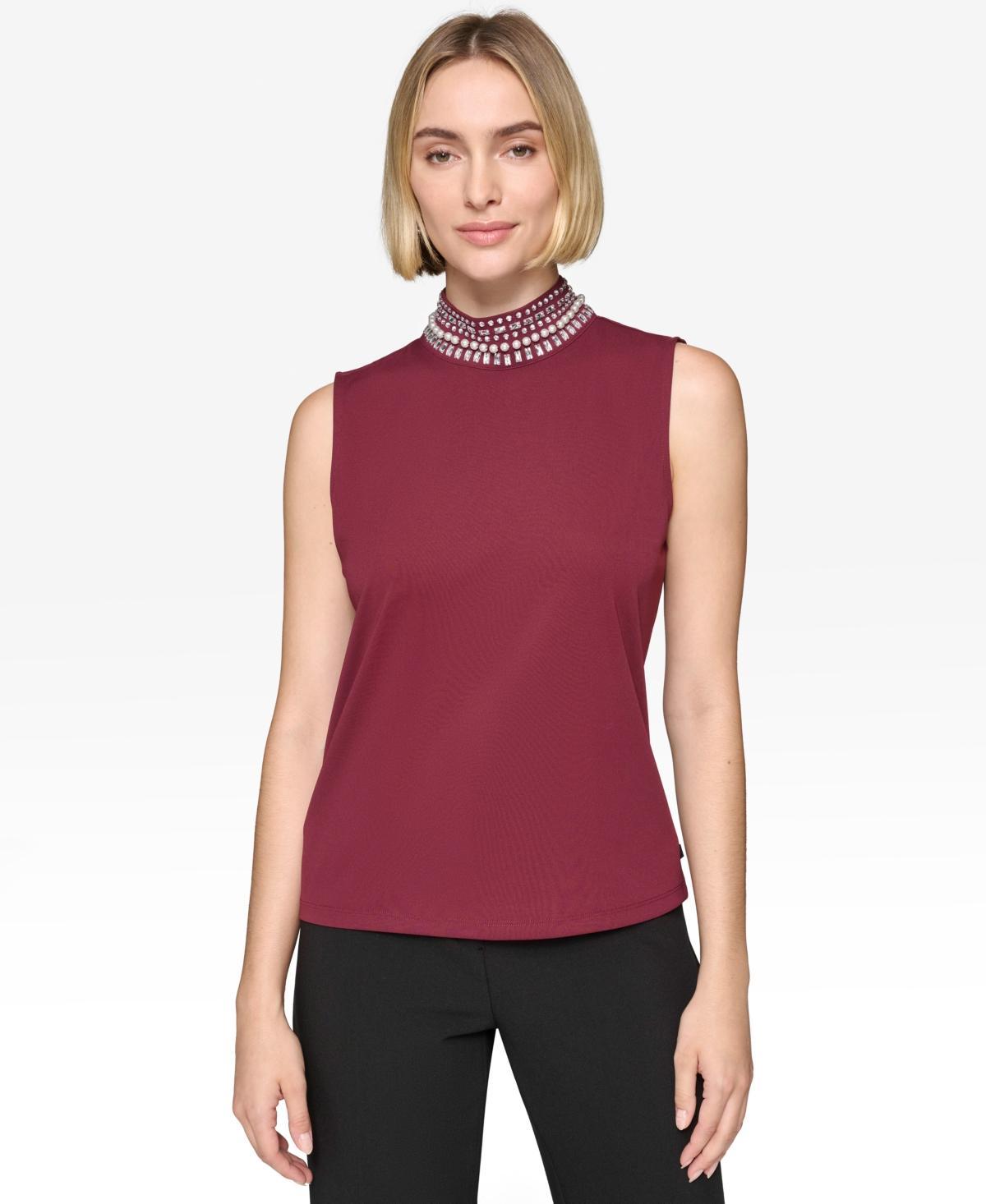 Karl Lagerfeld Paris Womens Embellished-Neck Sleeveless Top Product Image