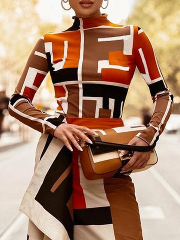 Long Sleeves Skinny Geometric Printed High Neck T-Shirts Tops Product Image