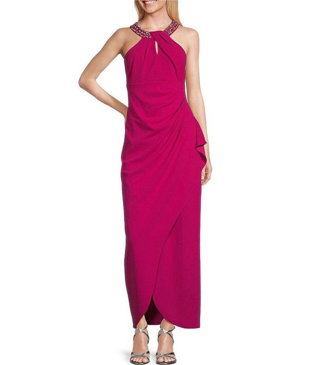 Ignite Evenings Embellished Halter Neck Sleeveless Ruched Side Cascade Ruffle Gown Product Image