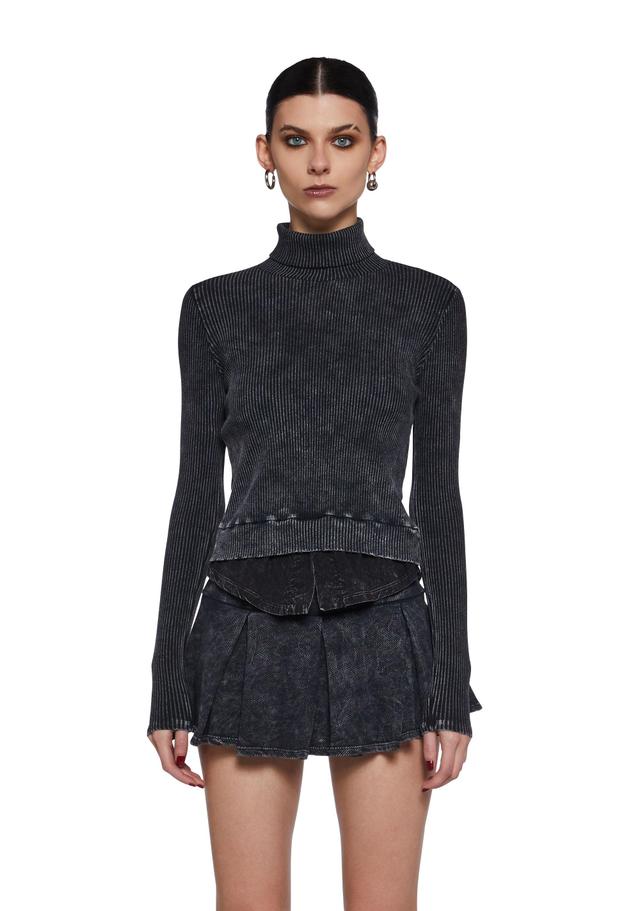 Womens Sexy Washed Turtleneck Long Sleeve Top And Mini Pleated Skirt - Black Product Image