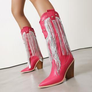 Block Heel Fringed Mid Calf Boots product image