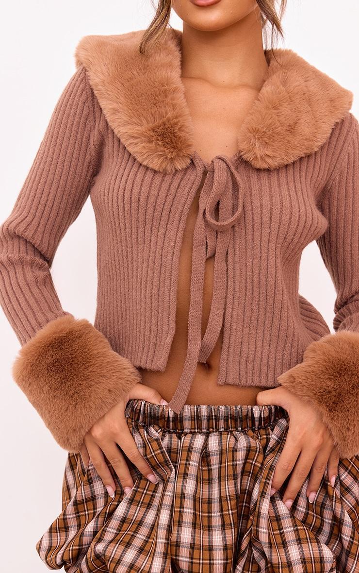 Chocolate Faux Fur Trim Detail Tie Front Top Product Image