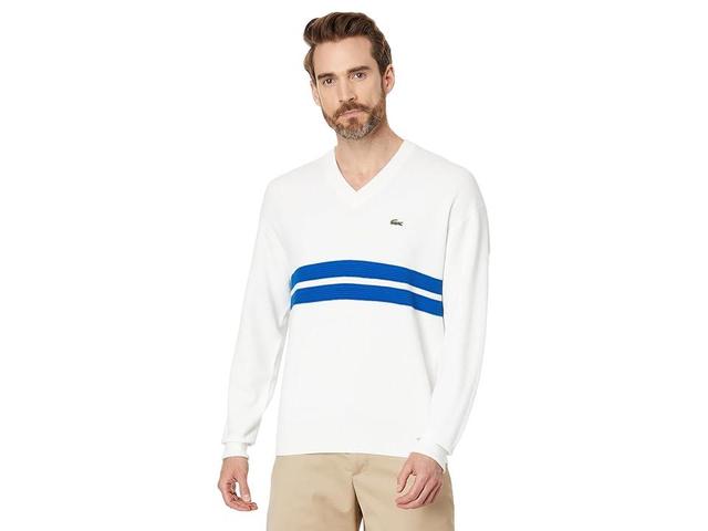 Lacoste Long Sleeve Relaxed Fit V-Neck Sweater with Stripes (Flour/Ladigue) Men's Sweater Product Image