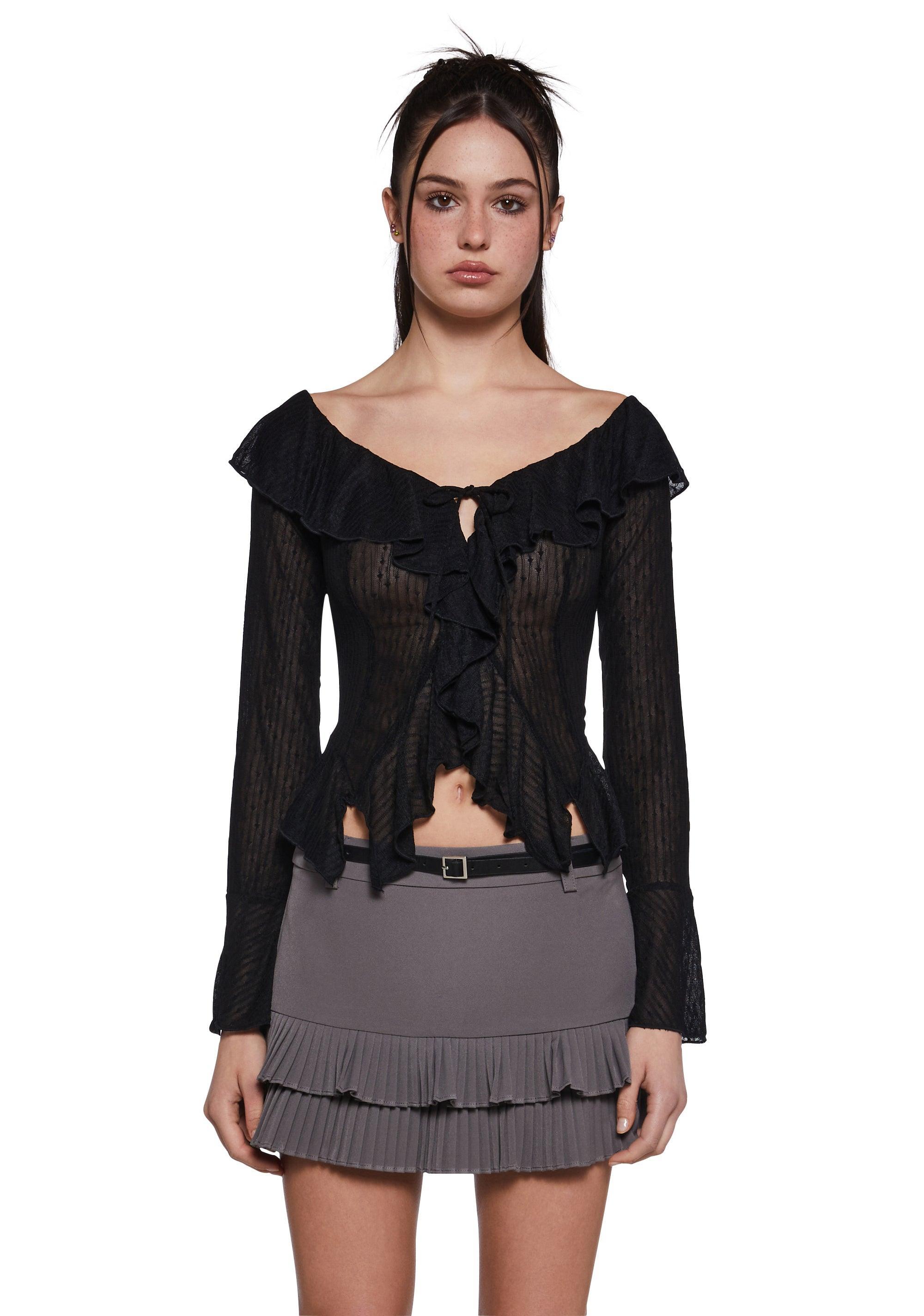 Stretchy Ruffled Pointelle Knit Long Sleeve Top - Black Product Image