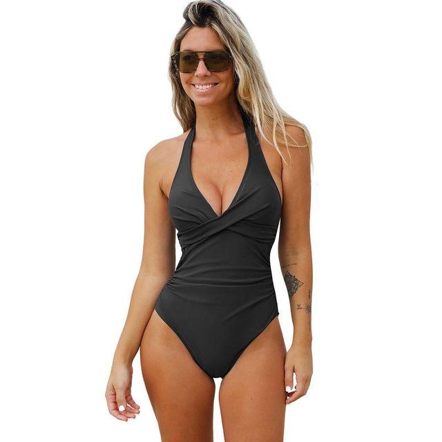 Womens CUPSHE V Neck Tummy Control Halter Backless One-Piece Swimsuit Product Image