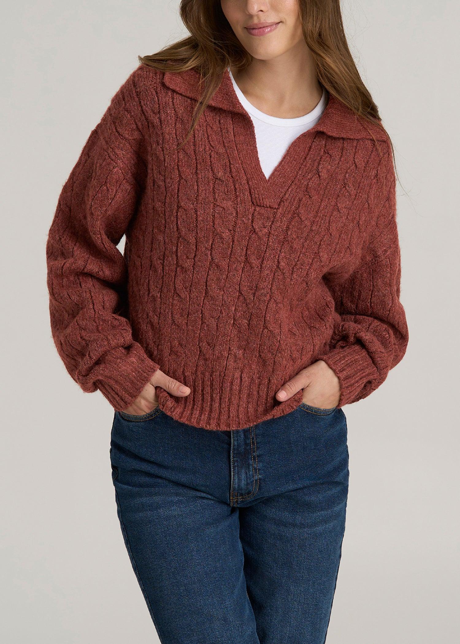 Johnny Collar Cable Knit Sweater for Tall Women in Intense Rust product image