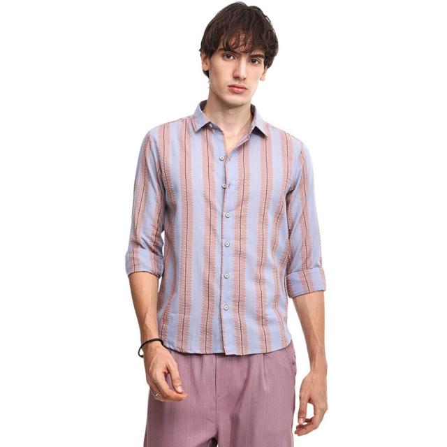 Campus Sutra Mens Icy Blue & Nude Beige Striped Seersucker Shirt Product Image