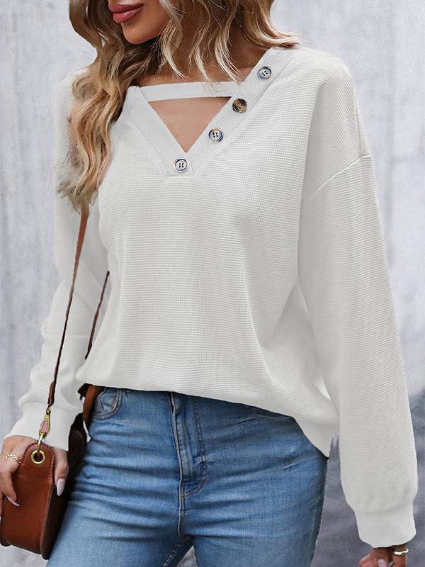 Long Sleeves Loose Buttoned Hollow Split-Joint V-Neck Sweater Tops Product Image