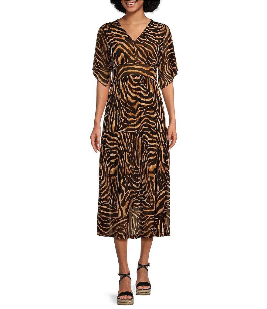 Calessa Stretch Mesh Tiger Print V-Neck Short Flutter Sleeve Tiered Hem Long Dress Product Image