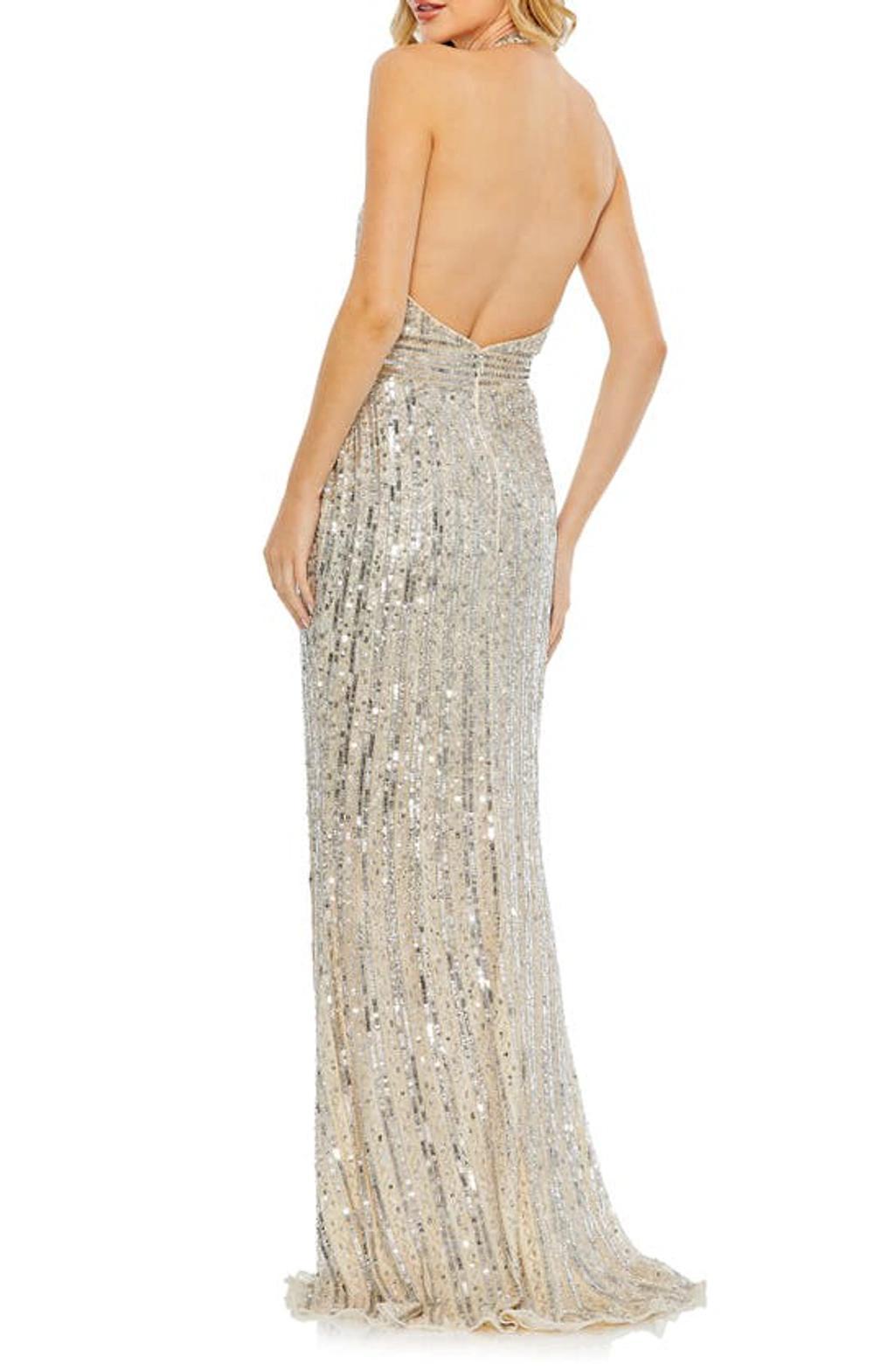 Sequined Halter Strap Trumpet Gown In Silver Product Image