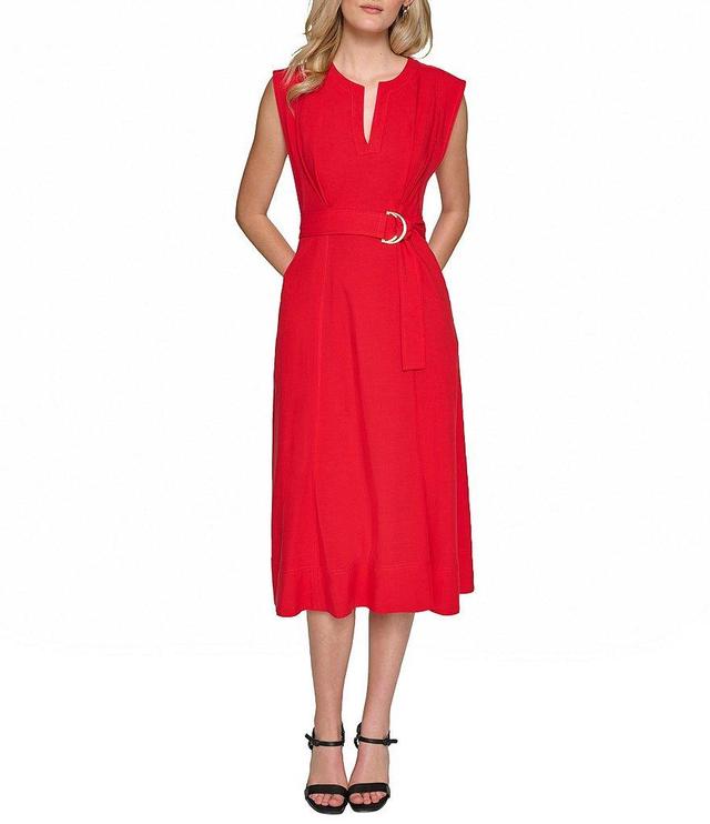 KARL LAGERFELD PARIS Split V-Neck Sleeveless Belted Midi Dress Product Image