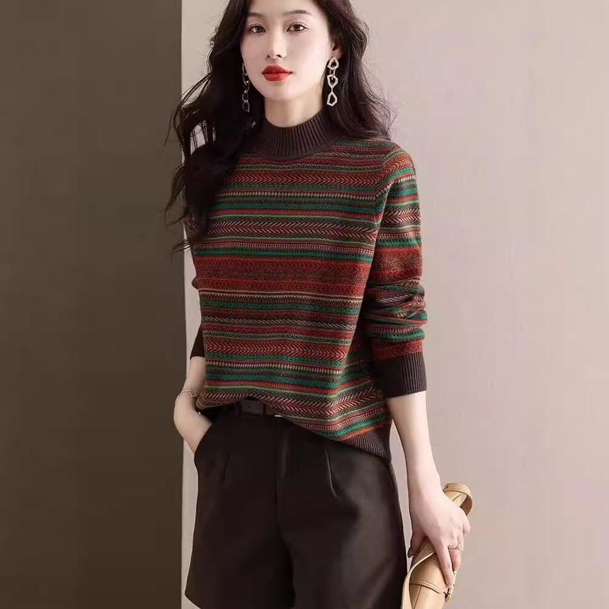 Mock Neck Striped Oversized Sweater Product Image