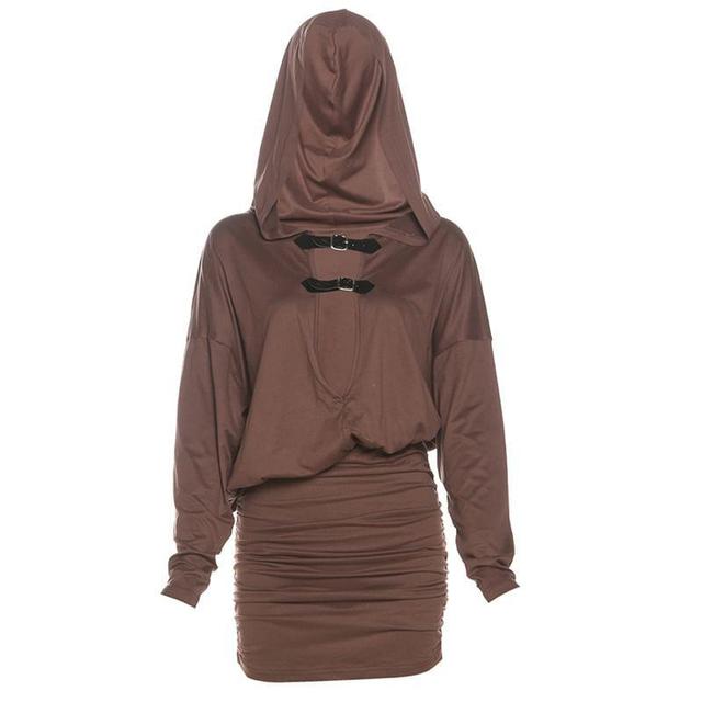 Long Sleeve V-Neck Buckle Accent Plain Hooded Slim-Fit Mini Bodycon Dress Product Image