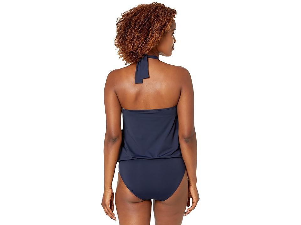 MICHAEL Michael Kors Iconic Solids Logo Ring Trim Halter Blouson One-Piece With Hidden U Wire (Navy) Women's Swimsuits One Piece Product Image