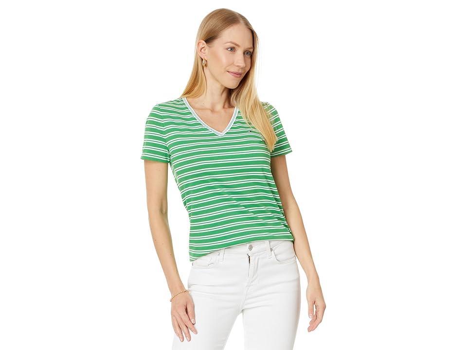 Tommy Hilfiger Double Stripe Vneck Tee (Sherbet Combo) Women's Clothing Product Image