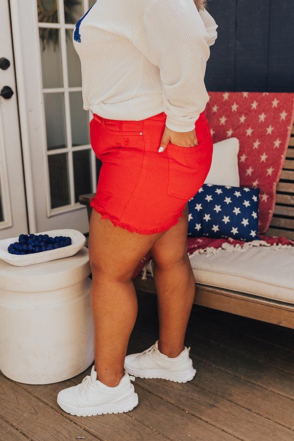 Risen Allison High Waist Distressed Shorts in Red Curves Product Image