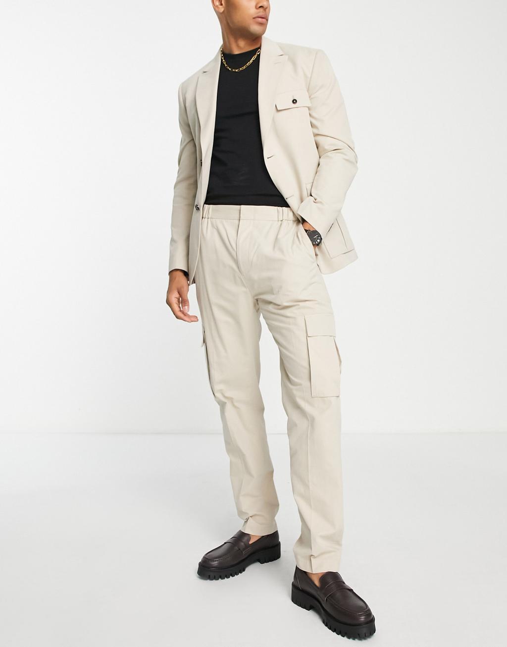 Topman utility smart cargo suit pants in ecru Product Image