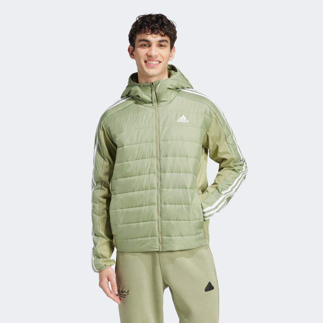 adidas Essentials 3-Stripes Insulated Hooded Hybrid Jacket Black S Mens Product Image