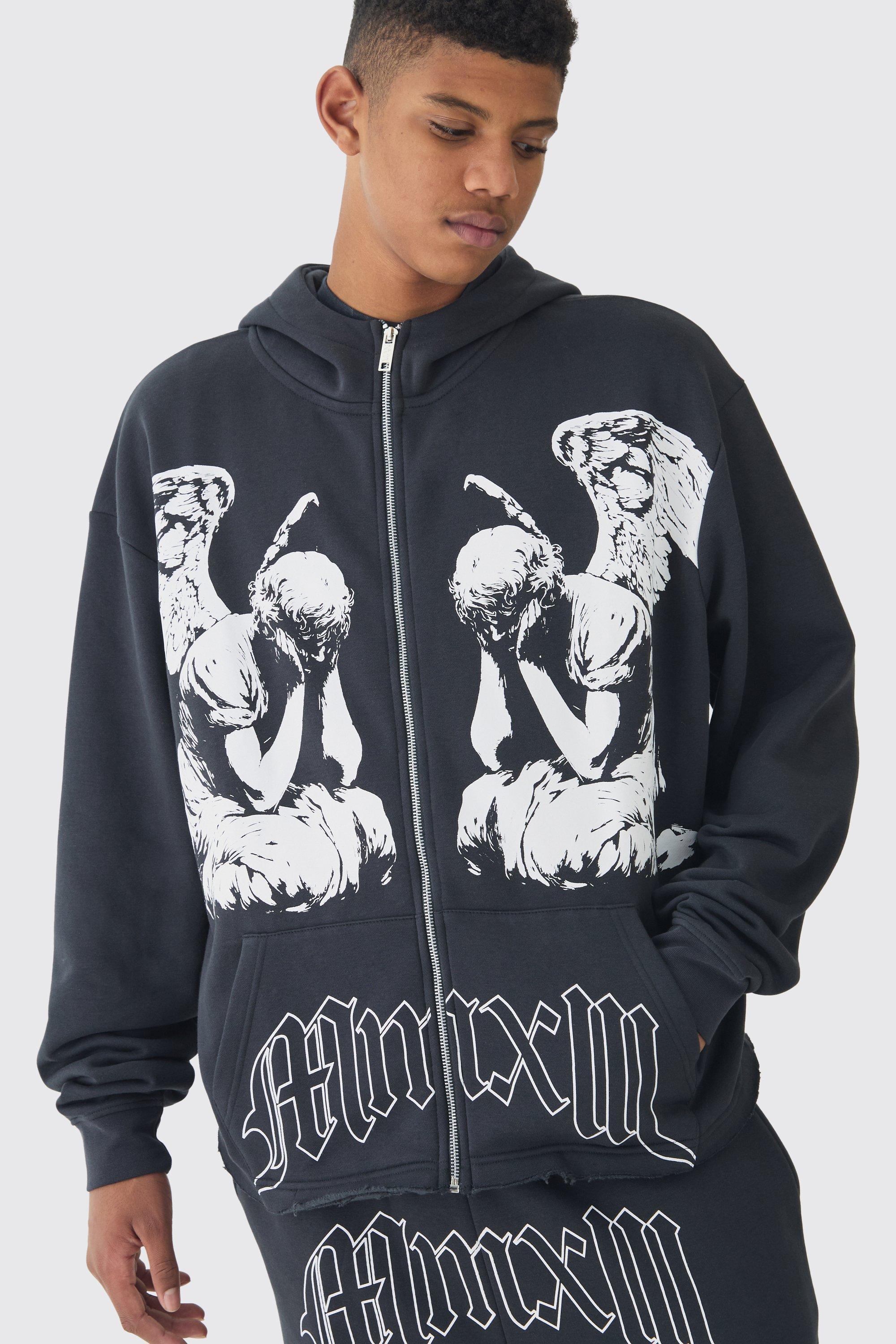 Tall Oversized Boxy Zip Up Cherub Print Hoodie | boohooMAN USA Product Image