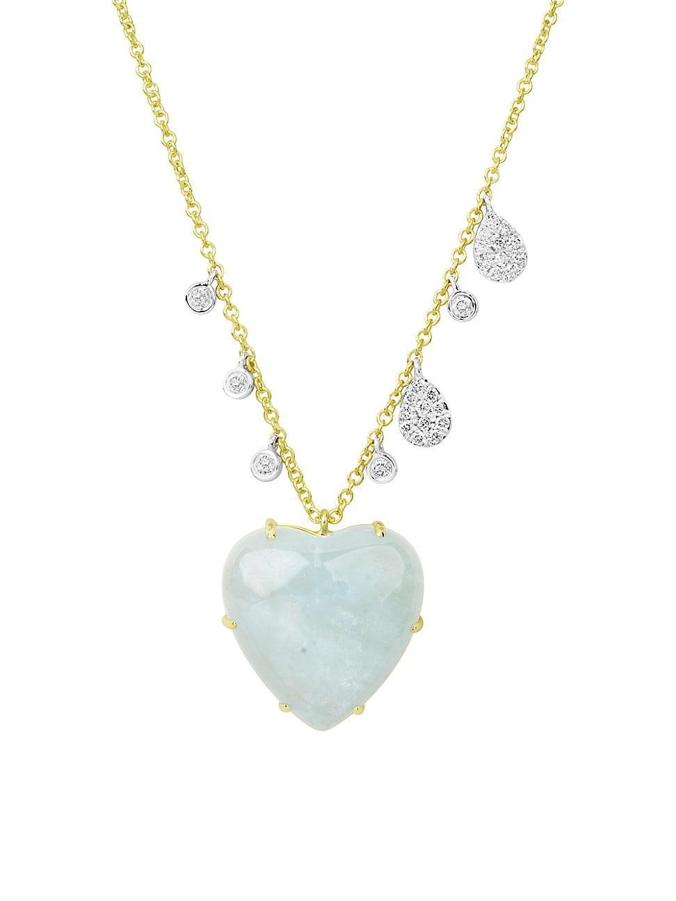 Womens 14K Yellow Gold, Diamonds & Milky Aquamarine Heart Necklace Product Image