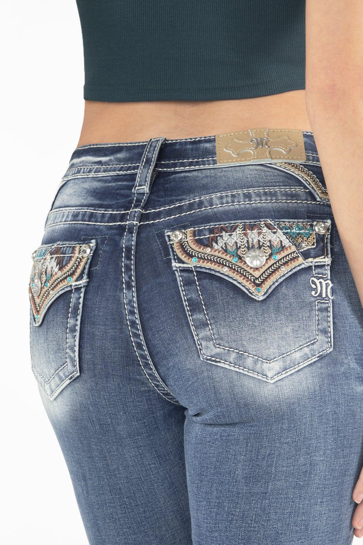 Turquoise Aztec Faux Flap Bootcut Jeans Product Image