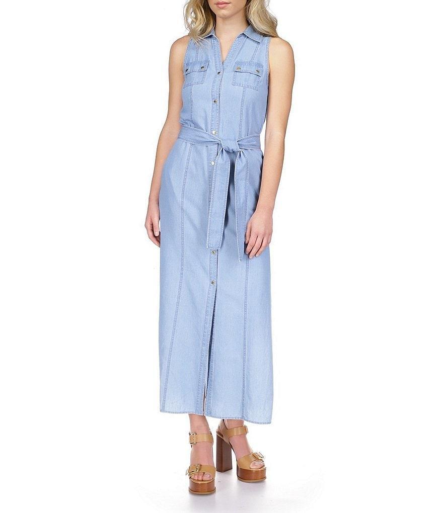 Michael Kors Denim Collared Neck Sleeveless Maxi Shirt Dress Product Image