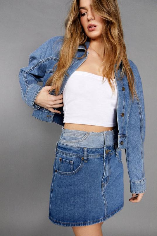 Two Tone Double Waistband Denim Mini Skirt Product Image