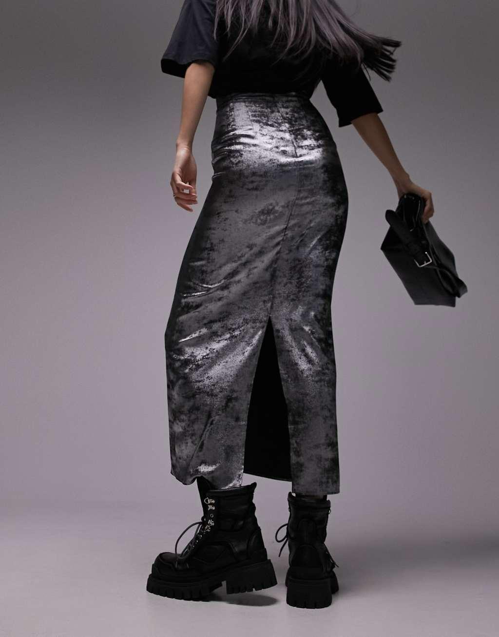 Topshop metallic super high waist maxi skirt in silver Product Image