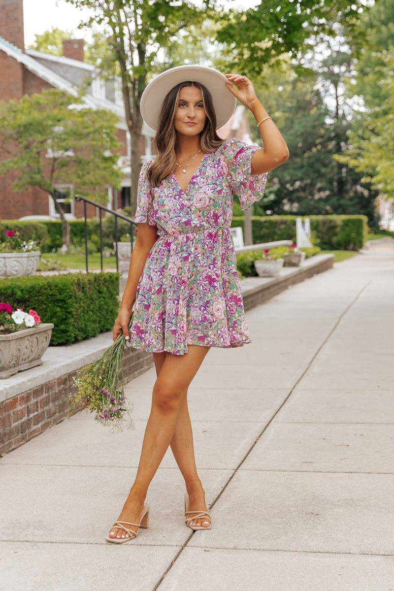 Purple Floral Print Surplice Mini Dress - FINAL SALE Product Image