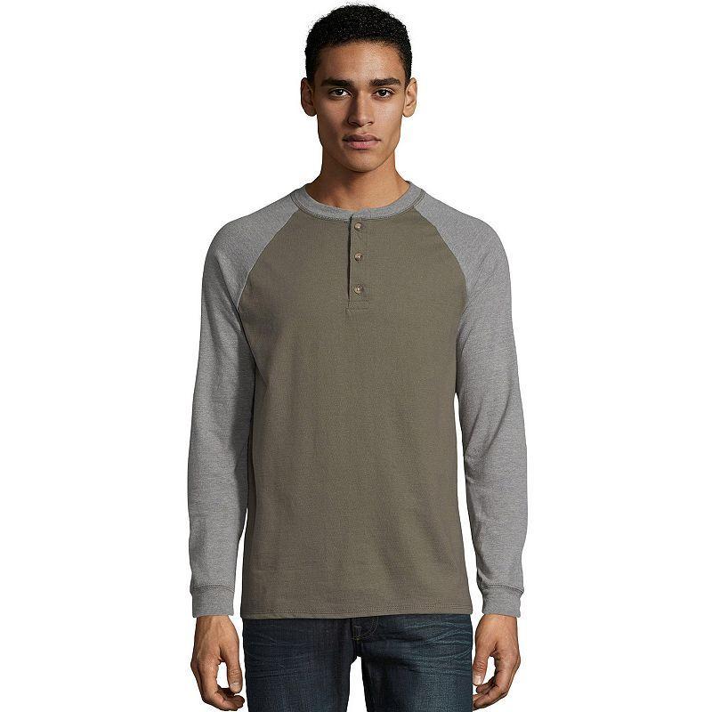 Mens Hanes Beefy Heavyweight Colorblock Raglan Henley Oxford Gray Grey Product Image